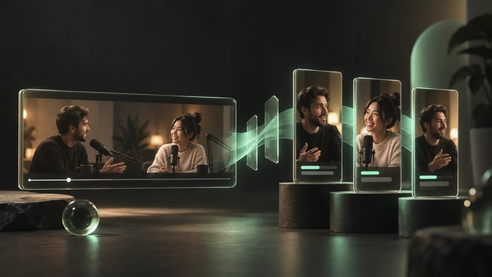 Editorial illustration of a podcast recording becoming three vertical video clips